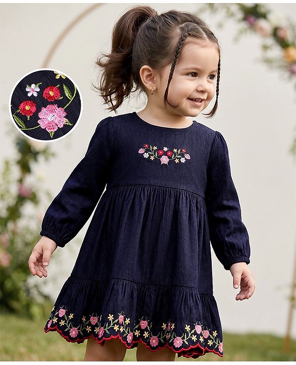 Babyhug Woven Dress with Full Sleeves and Floral Embroidery in Navy Blue