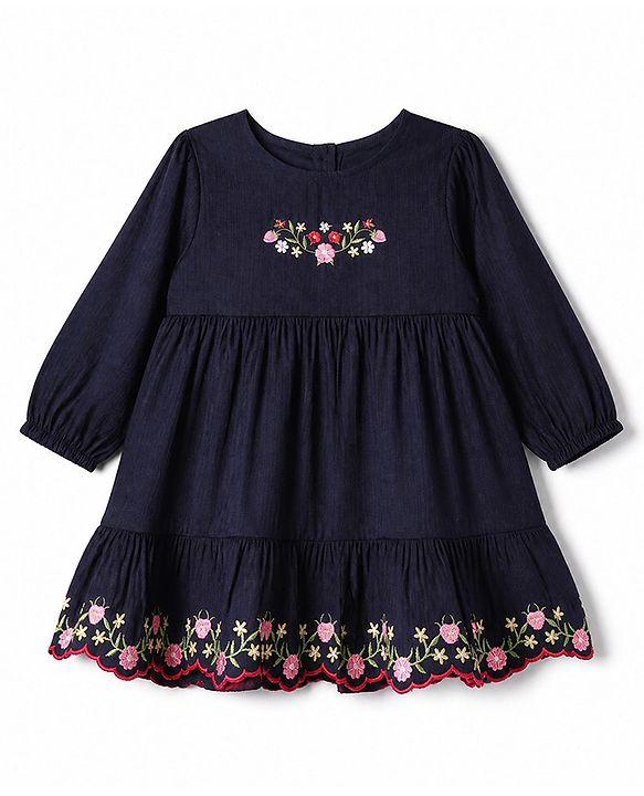 Babyhug Woven Dress with Full Sleeves and Floral Embroidery in Navy Blue