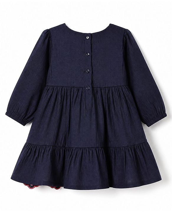Babyhug Woven Dress with Full Sleeves and Floral Embroidery in Navy Blue