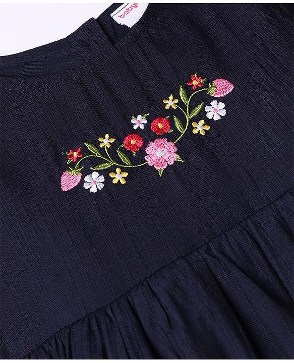 Babyhug Woven Dress with Full Sleeves and Floral Embroidery in Navy Blue