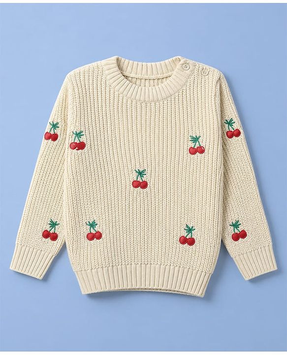 Babyhug Knit Full Sleeves Pullovers With Cherry Embroidery - Lemon