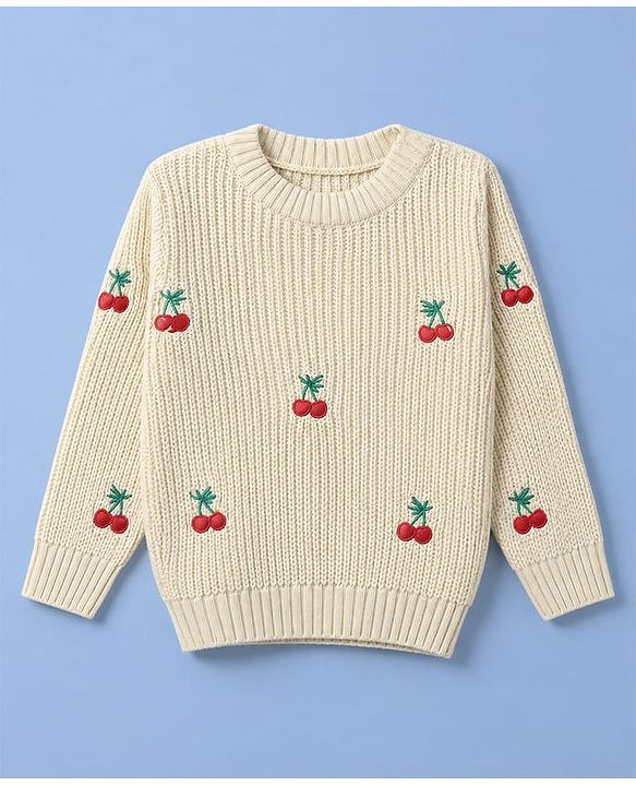 Babyhug Knit Full Sleeves Pullovers With Cherry Embroidery - Lemon