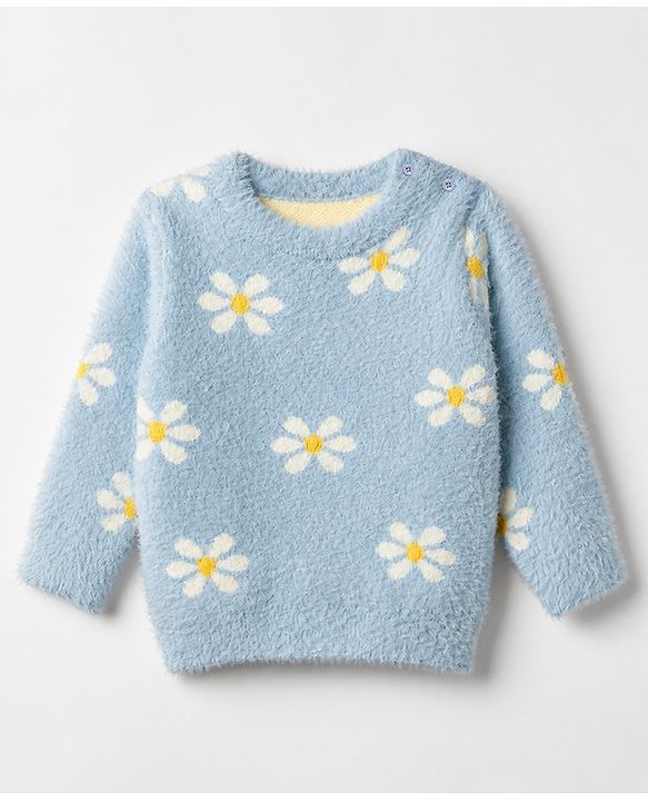Babyhug Knit Pullover with Full Sleeves and Floral Design in Blue