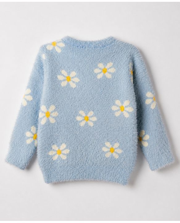 Babyhug Knit Pullover with Full Sleeves and Floral Design in Blue