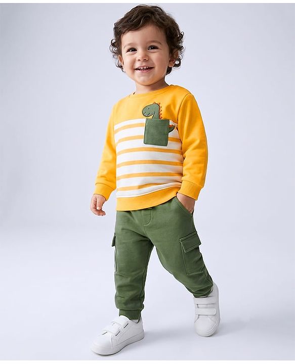 Babyhug 100% Cotton Single Jersey Knit Full Sleeves Striped T-Shirt & Lounge Pant Set with Dino Applique - Yellow