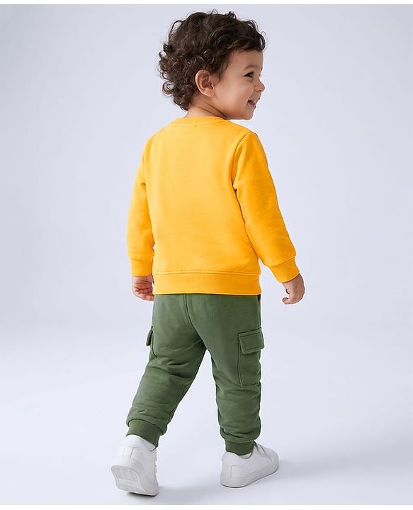 Babyhug 100% Cotton Single Jersey Knit Full Sleeves Striped T-Shirt & Lounge Pant Set with Dino Applique - Yellow