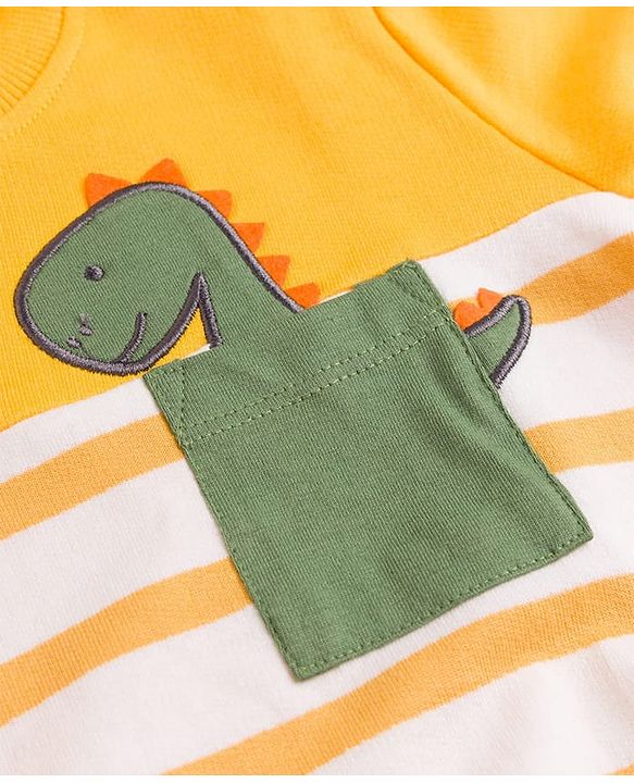 Babyhug 100% Cotton Single Jersey Knit Full Sleeves Striped T-Shirt & Lounge Pant Set with Dino Applique - Yellow