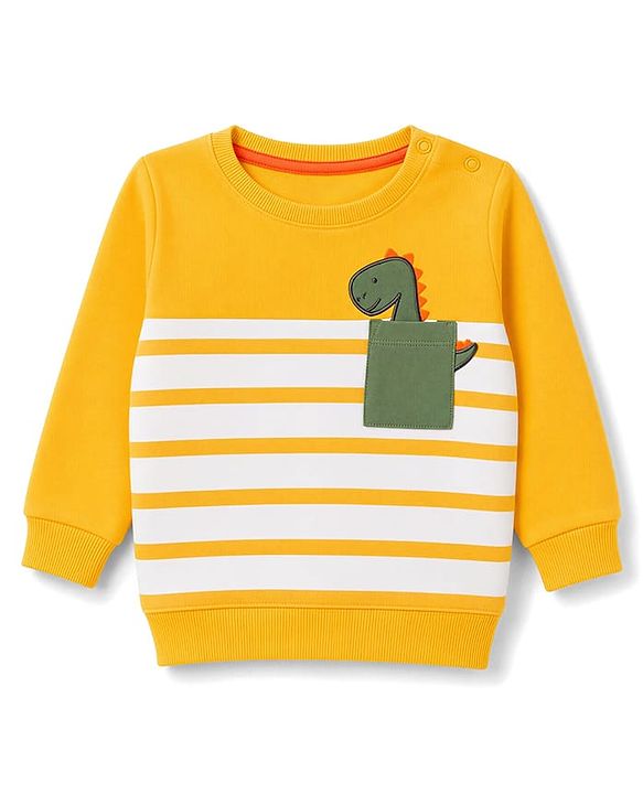 Babyhug 100% Cotton Single Jersey Knit Full Sleeves Striped T-Shirt & Lounge Pant Set with Dino Applique - Yellow