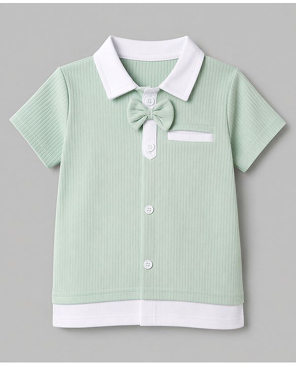Babyhug 100% Cotton Knit Half Sleeves Solid Textured T-Shirt & Shorts Set With Bow Applique - Light Green