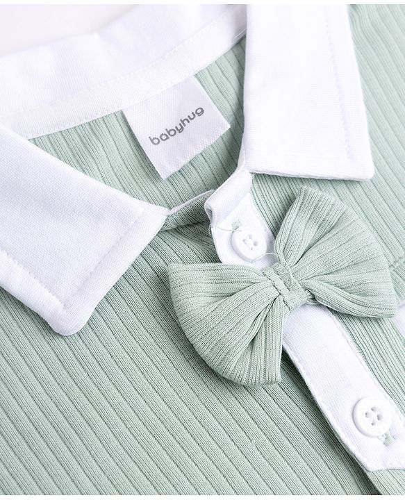 Babyhug 100% Cotton Knit Half Sleeves Solid Textured T-Shirt & Shorts Set With Bow Applique - Light Green