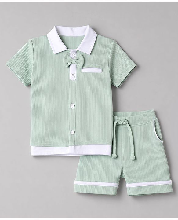 Babyhug 100% Cotton Knit Half Sleeves Solid Textured T-Shirt & Shorts Set With Bow Applique - Light Green