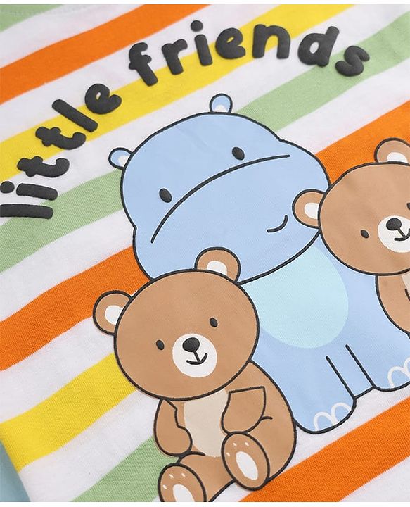 Babyhug Single Jersey Knit Half Sleeves Striped T-Shirt & Shorts Set With Bear & Text Print - Blue