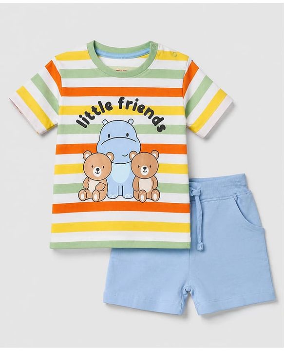 Babyhug Single Jersey Knit Half Sleeves Striped T-Shirt & Shorts Set With Bear & Text Print - Blue