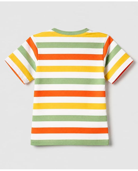 Babyhug Single Jersey Knit Half Sleeves Striped T-Shirt & Shorts Set With Bear & Text Print - Blue