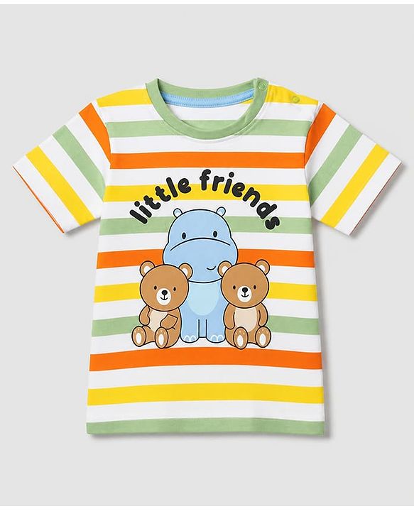 Babyhug Single Jersey Knit Half Sleeves Striped T-Shirt & Shorts Set With Bear & Text Print - Blue