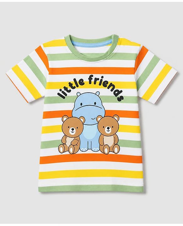 Babyhug Single Jersey Knit Half Sleeves Striped T-Shirt & Shorts Set With Bear & Text Print - Blue