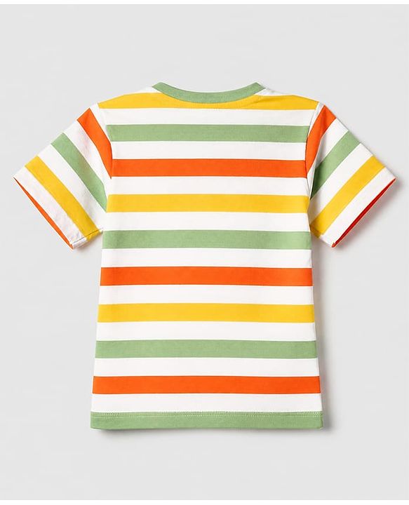 Babyhug Single Jersey Knit Half Sleeves Striped T-Shirt & Shorts Set With Bear & Text Print - Blue