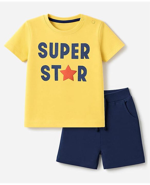 Babyhug 100% Cotton Interlock Knit Half Sleeves T-Shirt & Shorts Set With Text Print - Yellow