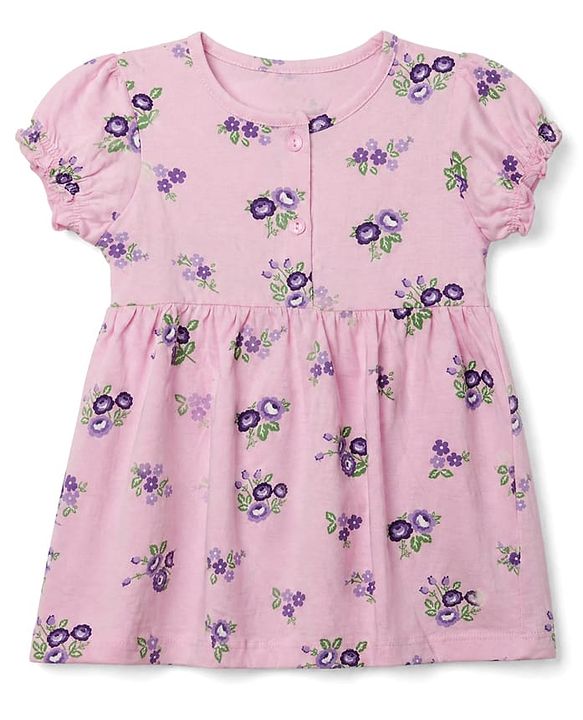 Babyhug Single Jersey Knit Frock with Half Sleeves and Floral, Polka Dot Print in Pink & Purple