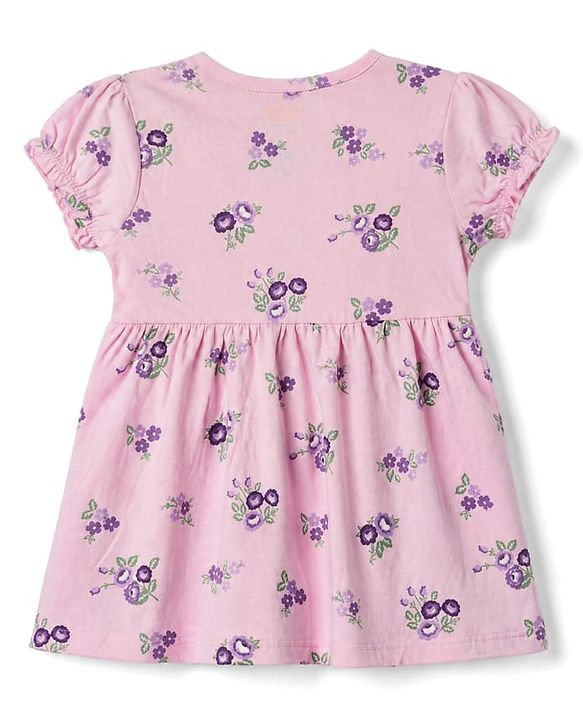 Babyhug Single Jersey Knit Frock with Half Sleeves and Floral, Polka Dot Print in Pink & Purple