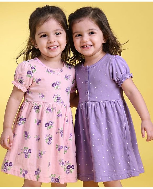 Babyhug Single Jersey Knit Frock with Half Sleeves and Floral, Polka Dot Print in Pink & Purple