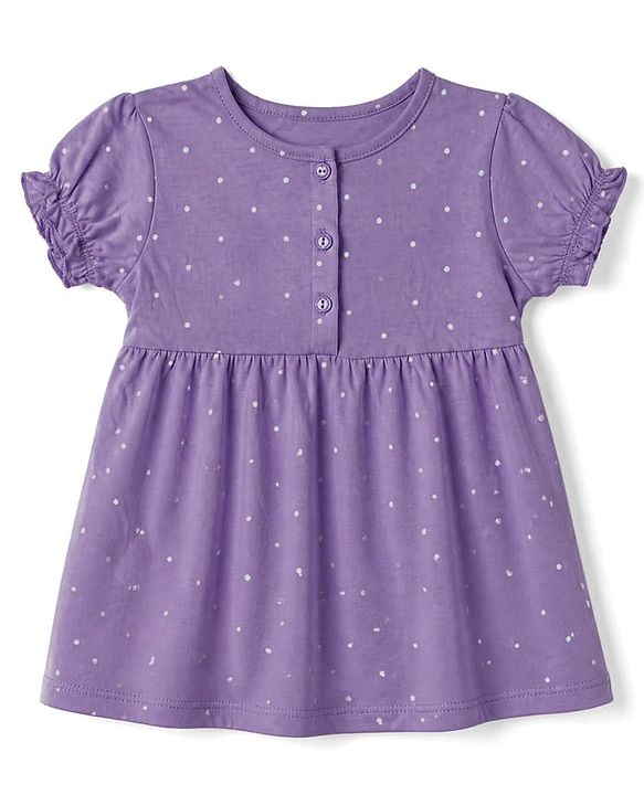 Babyhug Single Jersey Knit Frock with Half Sleeves and Floral, Polka Dot Print in Pink & Purple