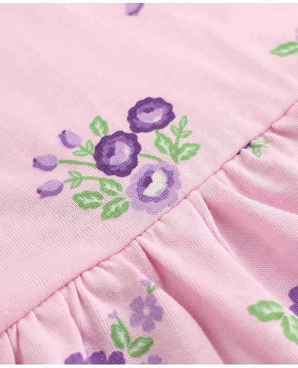 Babyhug Single Jersey Knit Frock with Half Sleeves and Floral, Polka Dot Print in Pink & Purple