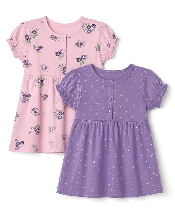 Babyhug Single Jersey Knit Frock with Half Sleeves and Floral, Polka Dot Print in Pink & Purple