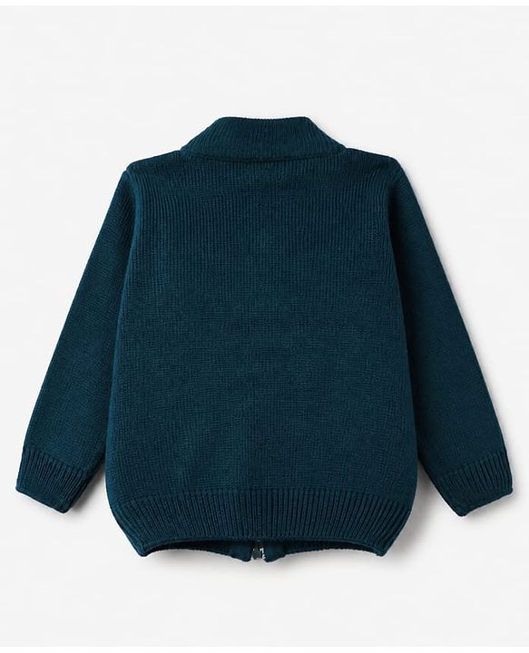 Babyhug Knit Front Open Sweater with Full Sleeves and Bear Applique in Navy Blue for 3-6 Months