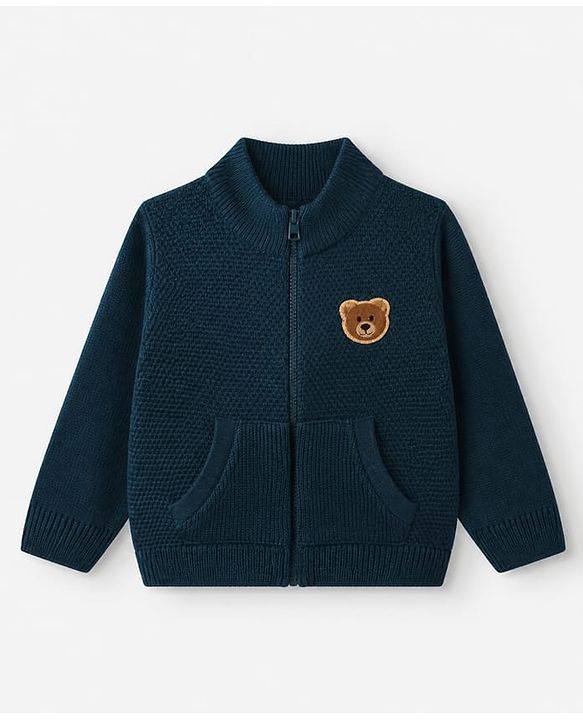 Babyhug Knit Front Open Sweater with Full Sleeves and Bear Applique in Navy Blue for 3-6 Months