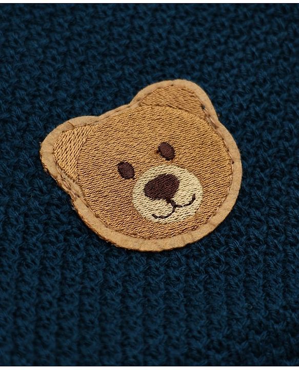 Babyhug Knit Front Open Sweater with Full Sleeves and Bear Applique in Navy Blue for 3-6 Months