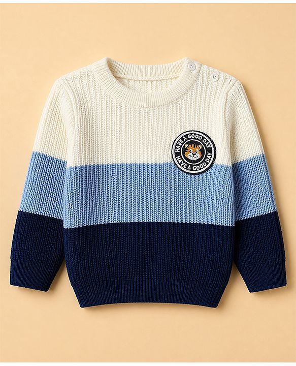 Babyhug Knit Sweater Sets Full Sleeves with Tiger Patch in Blue for 3-6 Months