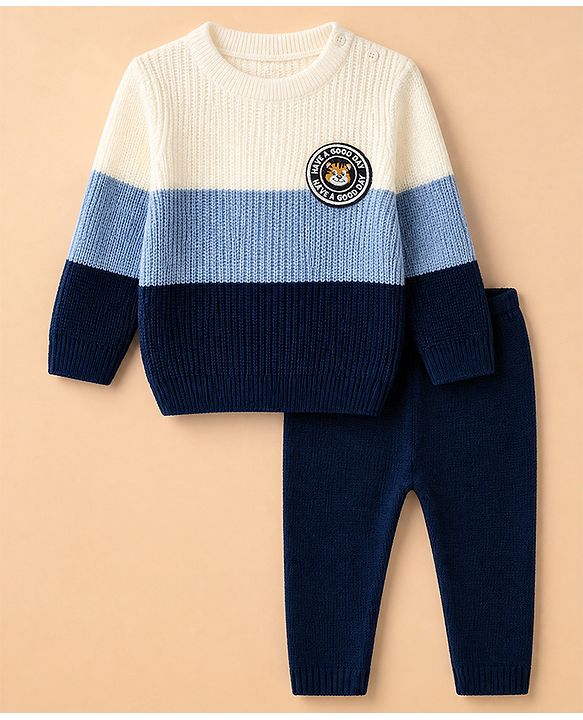 Babyhug Knit Sweater Sets Full Sleeves with Tiger Patch in Blue for 3-6 Months