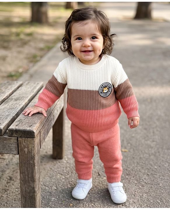 Babyhug Knit Full Length Sweater Sets with Full Sleeves and Tiger Patch in Pink for 3-6 Months
