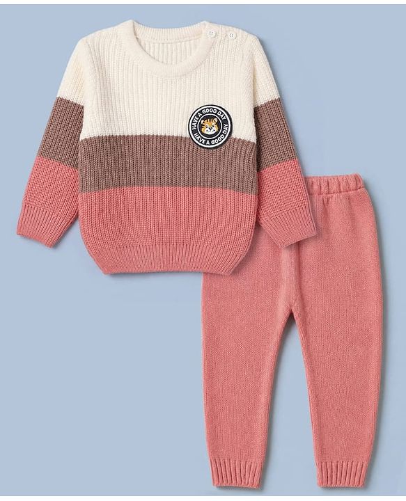 Babyhug Knit Full Length Sweater Sets with Full Sleeves and Tiger Patch in Pink for 3-6 Months