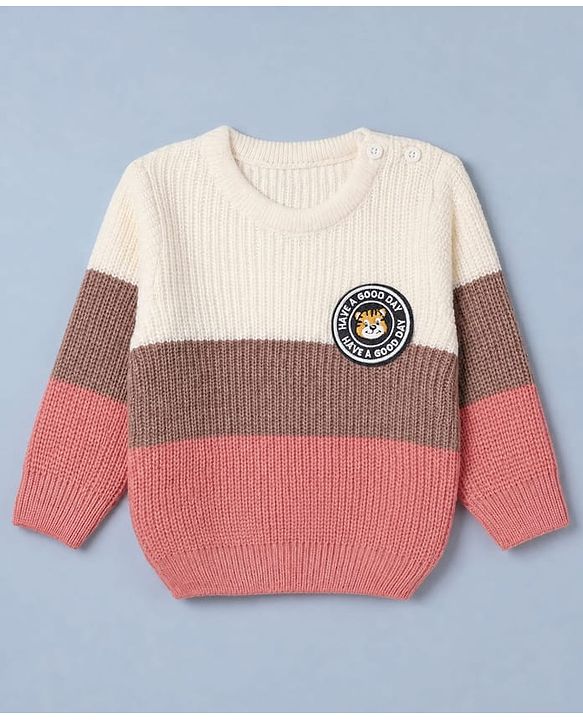 Babyhug Knit Full Length Sweater Sets with Full Sleeves and Tiger Patch in Pink for 3-6 Months