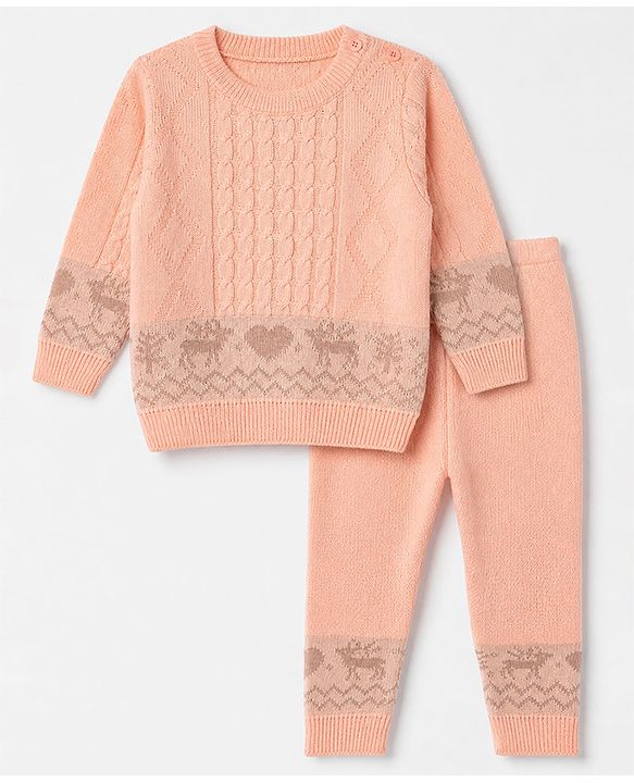 Babyhug Knit Full Sleeves Sweater Set with Heart Reindeer & Cable Knit Design - Peach