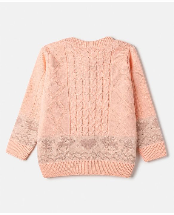 Babyhug Knit Full Sleeves Sweater Set with Heart Reindeer & Cable Knit Design - Peach