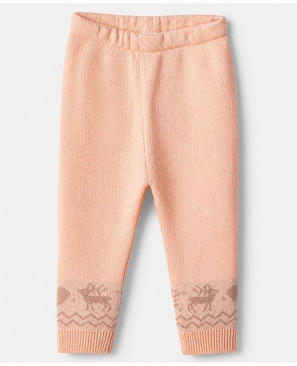 Babyhug Knit Full Sleeves Sweater Set with Heart Reindeer & Cable Knit Design - Peach