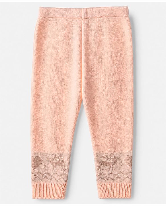 Babyhug Knit Full Sleeves Sweater Set with Heart Reindeer & Cable Knit Design - Peach