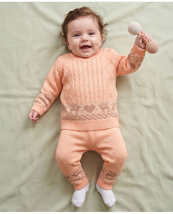 Babyhug Knit Full Sleeves Sweater Set with Heart Reindeer & Cable Knit Design - Peach