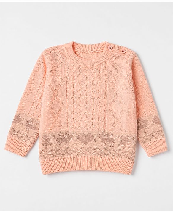 Babyhug Knit Full Sleeves Sweater Set with Heart Reindeer & Cable Knit Design - Peach