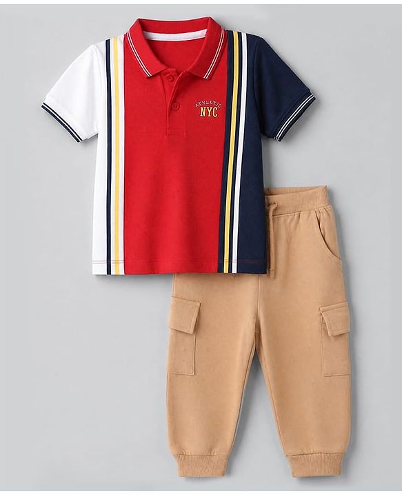 Babyhug 100% Cotton Single Jersey Knit Half sleeves T-shirt & Joggers Set With Text Embroidery - Red