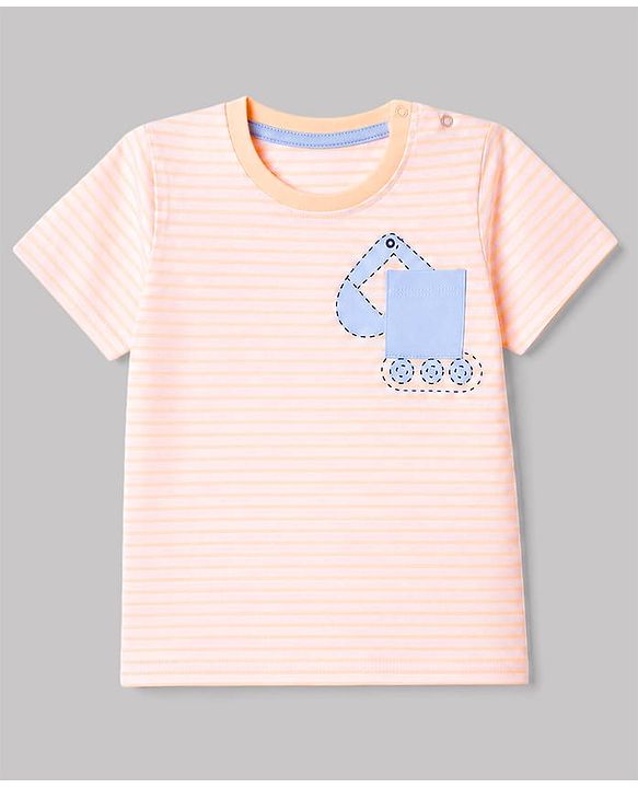 Babyhug 100% Cotton Single Jersey Knit Half Sleeves T-Shirt & Shorts With Construction Vehicle Print - Peach & Light Blue