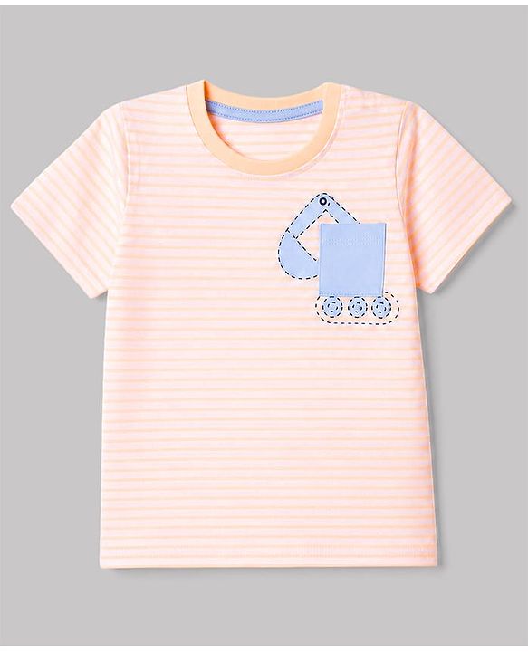 Babyhug 100% Cotton Single Jersey Knit Half Sleeves T-Shirt & Shorts With Construction Vehicle Print - Peach & Light Blue