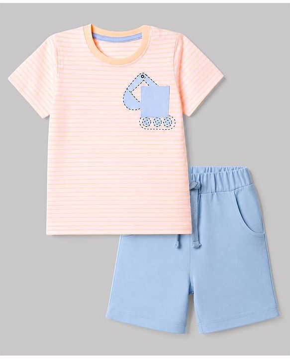 Babyhug 100% Cotton Single Jersey Knit Half Sleeves T-Shirt & Shorts With Construction Vehicle Print - Peach & Light Blue