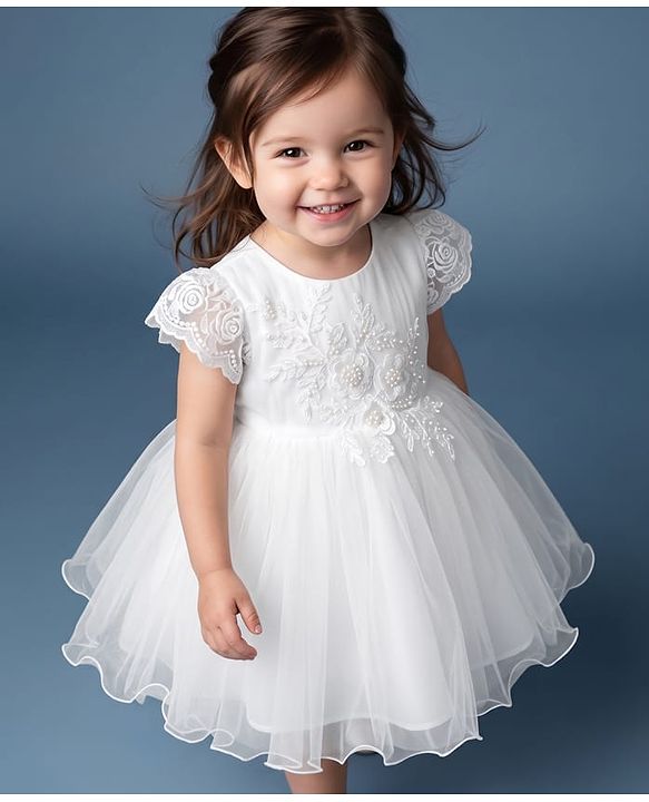 Babyhug Mesh Woven Frill Sleeves Solid Colour Floral Sequinned & Embroidered Frock -White