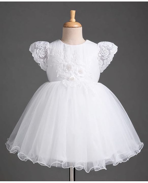 Babyhug Mesh Woven Frill Sleeves Solid Colour Floral Sequinned & Embroidered Frock -White