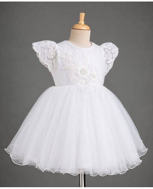 Babyhug Mesh Woven Frill Sleeves Solid Colour Floral Sequinned & Embroidered Frock -White
