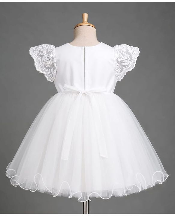 Babyhug Mesh Woven Frill Sleeves Solid Colour Floral Sequinned & Embroidered Frock -White